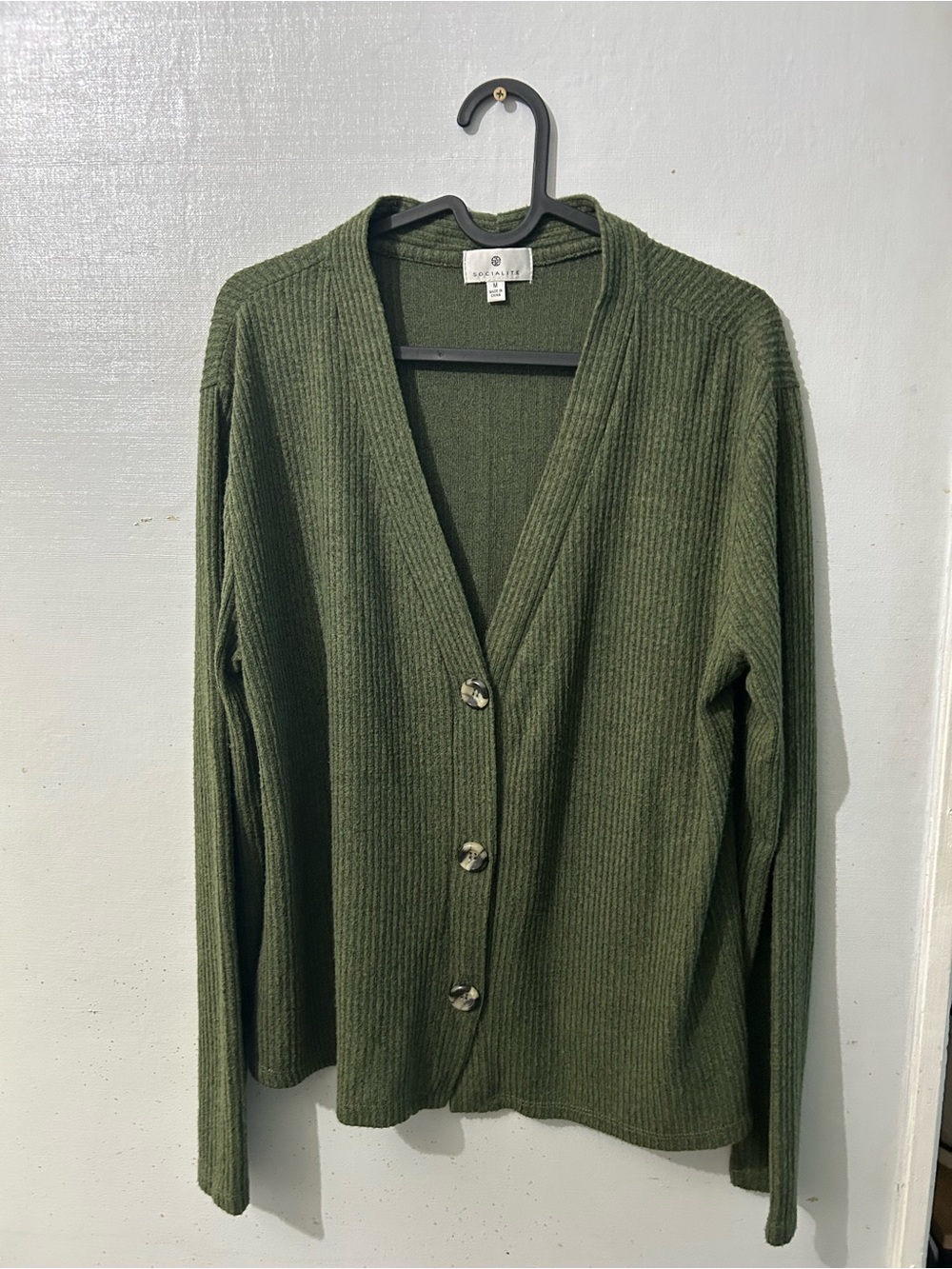Socialite Olive Green Ribbed V-Neck Button Cardigan